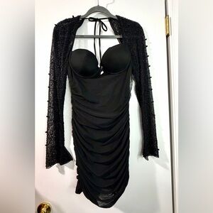 Oh Polly Black Ruched Dress with Beaded Sleeves